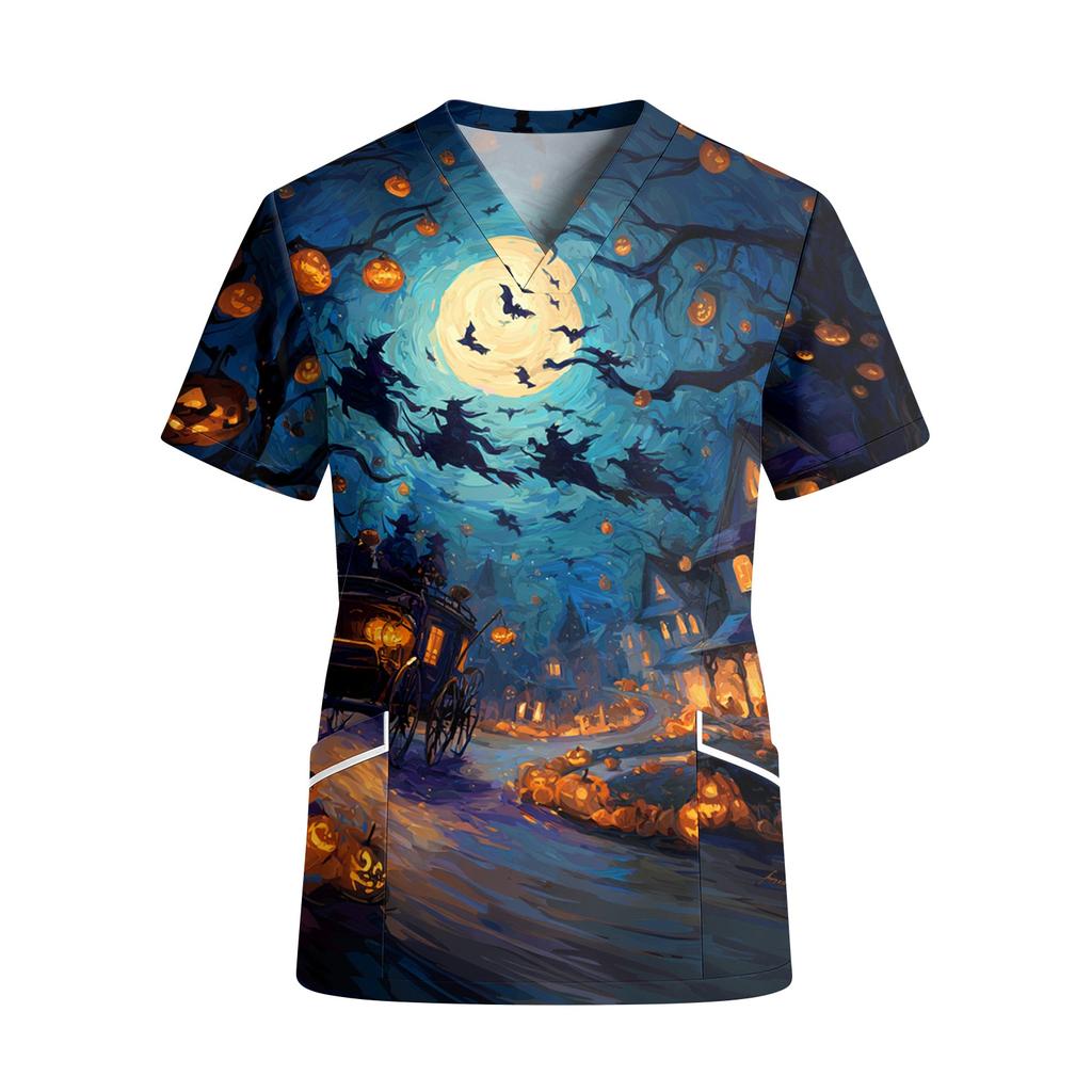 Women's Fashion V Neck Short Sleeve Work Shirt with Pockets Halloween Themed Print Top Suitable for Professional and Casual Wear