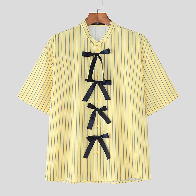 

INCERUN Men Oversized Collarless Short Sleeve Print Bow Knot Casual Loose Shirts 3XL жёлтый
