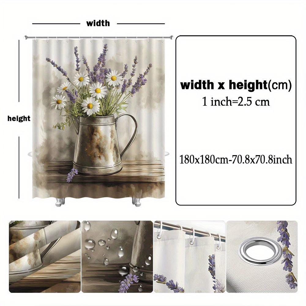 1pc Rustic Floral Shower Curtain - Vintage Metal Pitcher, White Daisies & Lavender, Watercolor Blend, Polyester