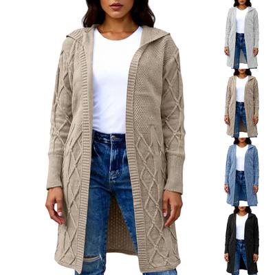 Women's Loose Knitted Mid-length Hooded Cardigan Cable Coat