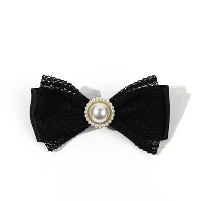 Spilla con Fiocco di Perle in Raso Nero e Pizzo, Cravatta, Stile College, Spilla per Colletto Camicia da Donna, Accessori Decorativi per Abbigliamento