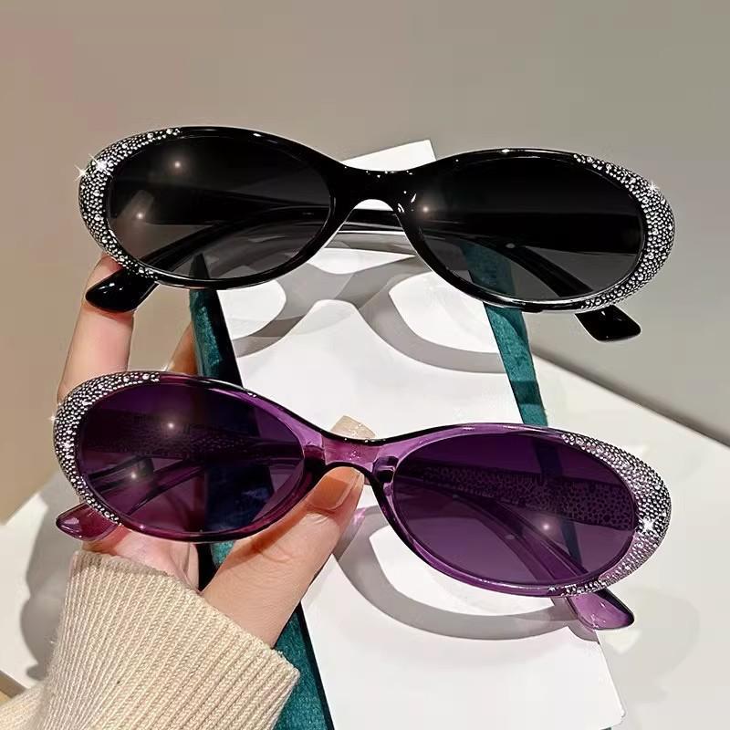 New Elliptical Small Frame Sunglasses Fashion Women's Sun Shading Travel Purple Diamond Studded Eyeglasses UV400