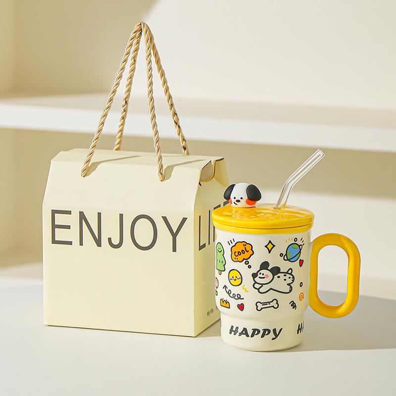 Cute Mug Boy and Girl Birthday Gift High Value Water Cup Creative Straw Cup Couple Cup Student Desktop Water Cup