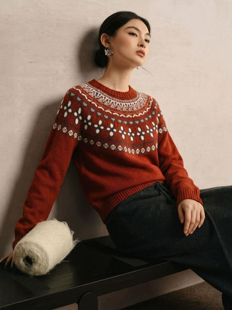 Women's Retro Fair Isle Color Block Merino Wool Sweater - Round Neck Raglan Sleeve Pullover