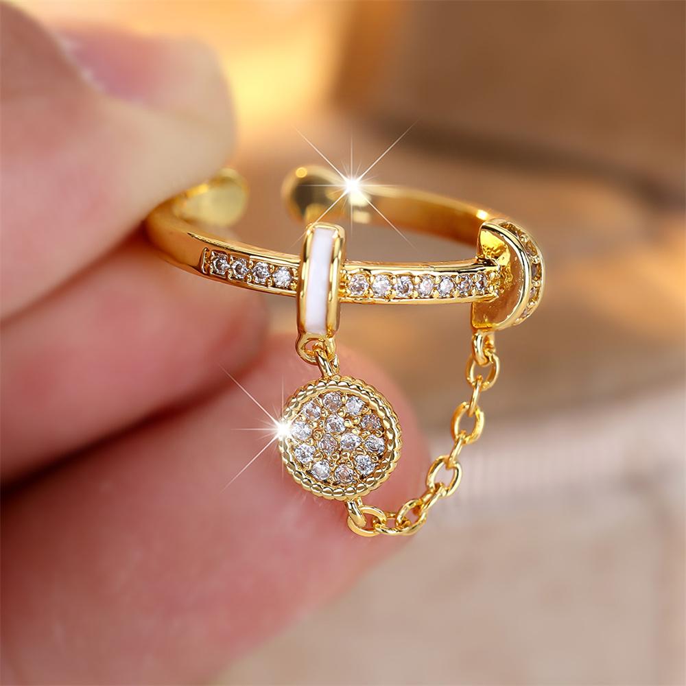 White Zircon Tassel Pendant Chains Opening Rings For Women Vintage Gold Color Engagement Wedding Jewelry Bridal Accessory Gifts