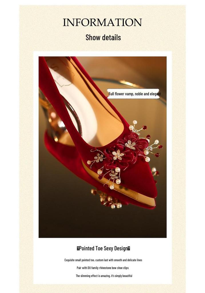 Red Xiuhe Chunky Heel Pointed Toe Wedding Shoes for Brides, 2025 New Style, Plus Sizes 32-43