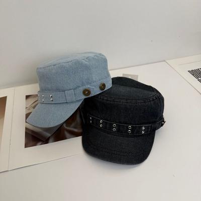 Fashion Cloth Rivet Denim Beret Y2k Korean Style Equestrian Hat Fashion Washed Denim Rivet Flat Top Outdoor