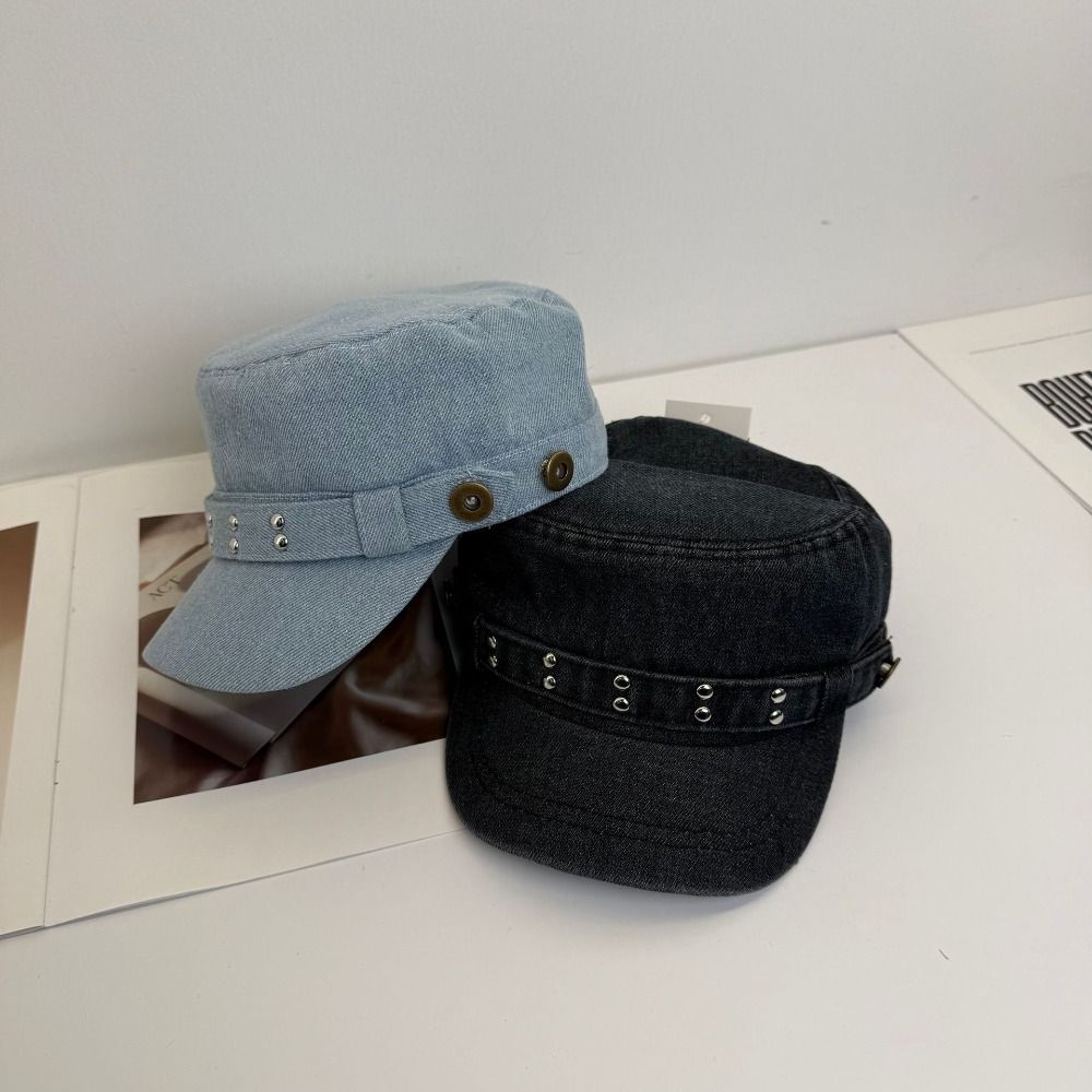 Washed Denim Rivet Flat Top Y2k Equestrian Hat Fashion Denim Octagonal Hat Travel