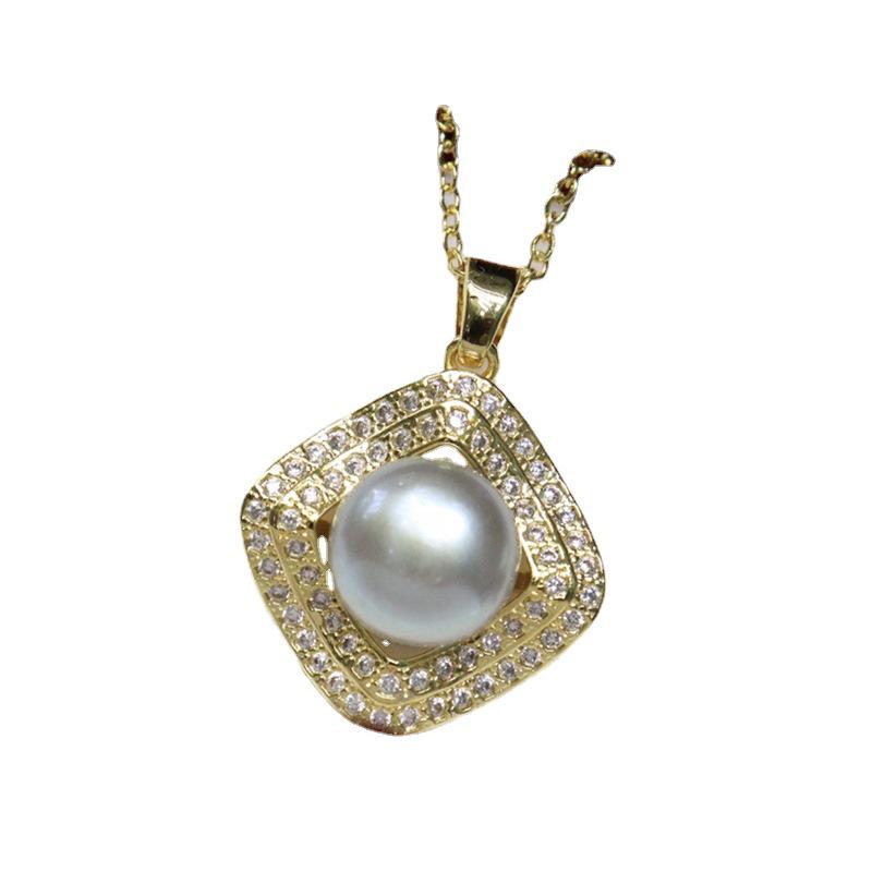 18K Gold Plated Freshwater Pearl Pendant for Women, Large Round, High Luster, Double Row Diamond Micro-Set, Fashionable Style 202.