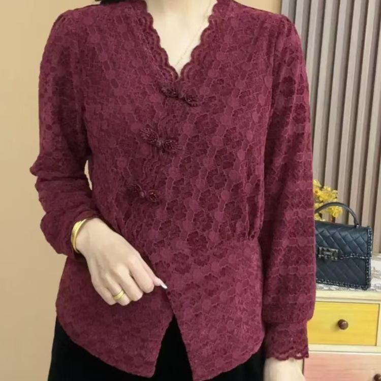 

Elegant Women s Autumn V-Neck Lace Shirt with Fleece, Korean Style Layered Top 2XL (105-115 jin) червоний