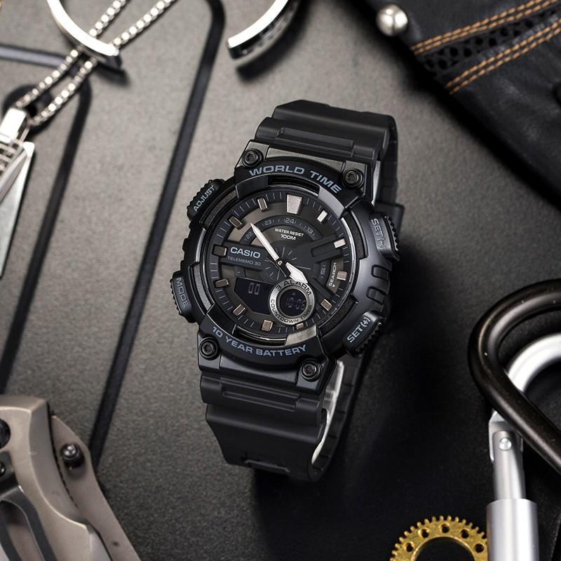 Casio Watch Series-circular Black Warrior, Street Retro, Dual Display, Quartz Movement, Japanese and Korean Watch, Same Style for AEQ-110W-1BBA-110-1A