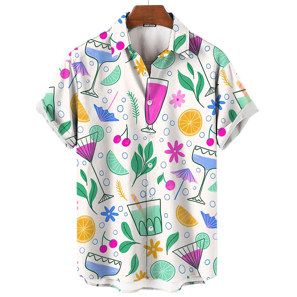 Summer Men's Short Sleeve Shirt Cup Print Street Casual Daily Party Wear Men's Shirt Oversized Tops