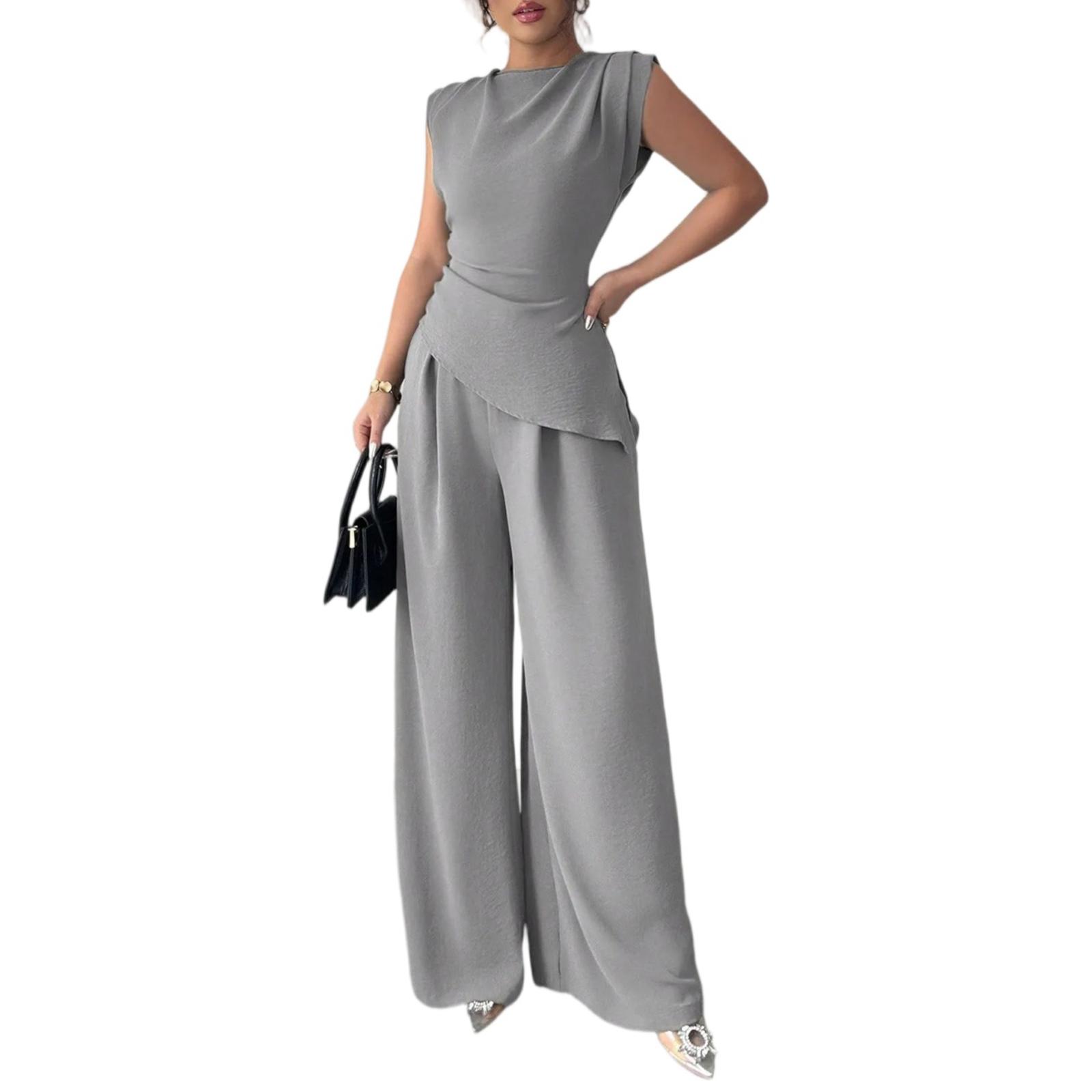 

Women s 2-Piece Fashionable Casual Sleeveless Asymmetric Top And Wide-Leg Pants Set XL