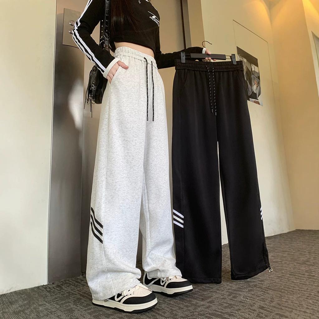 Women's Mid Rise Wide Leg Pants Straight Fit Striped Casual Trousers