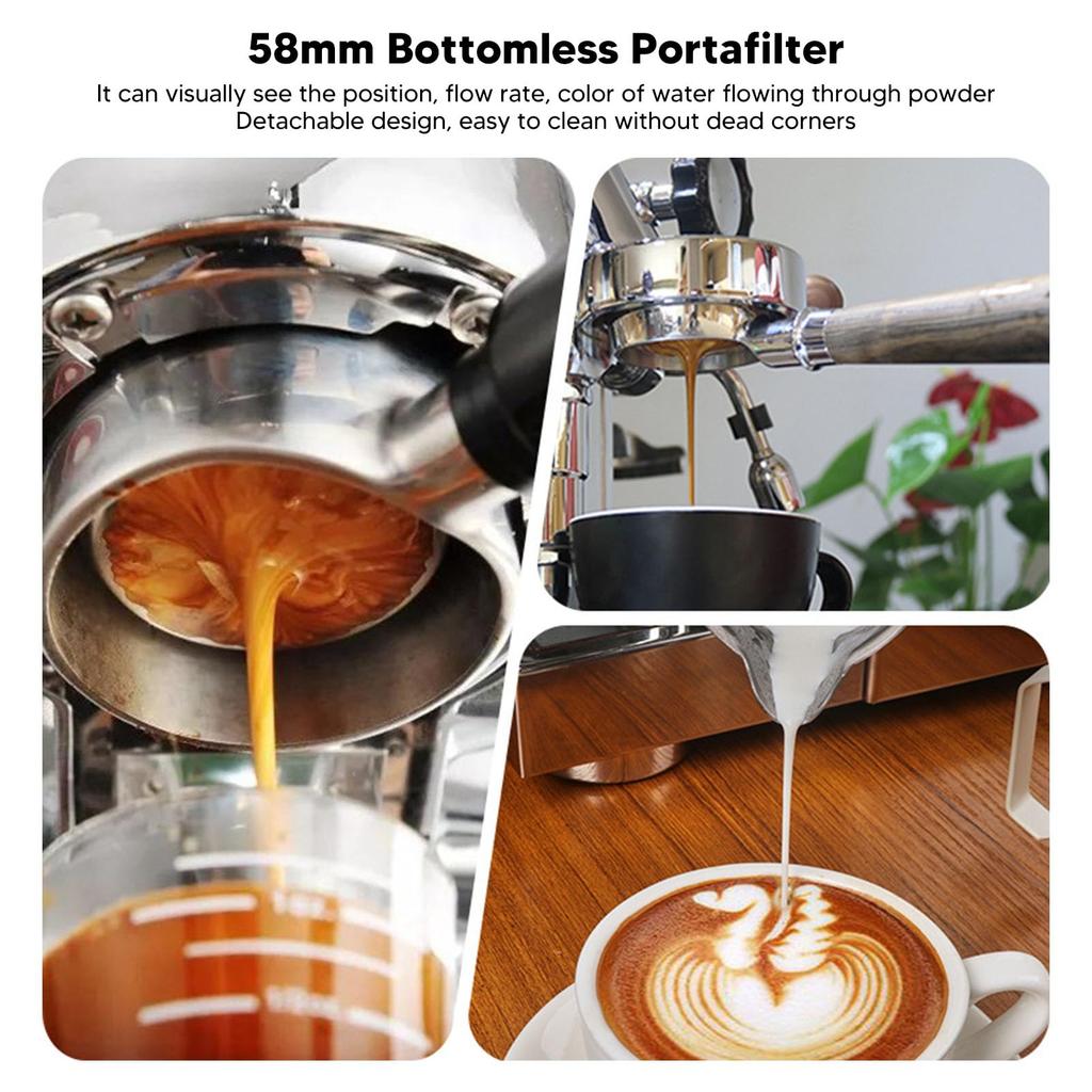 58mm Bottomless Portafilter, 2-Lug Wooden Handle Bare Portafilter for Expobar, Rocket, Faema, Rancilio, EM19M2, CRM3605, and CASADIO, Includes Filter