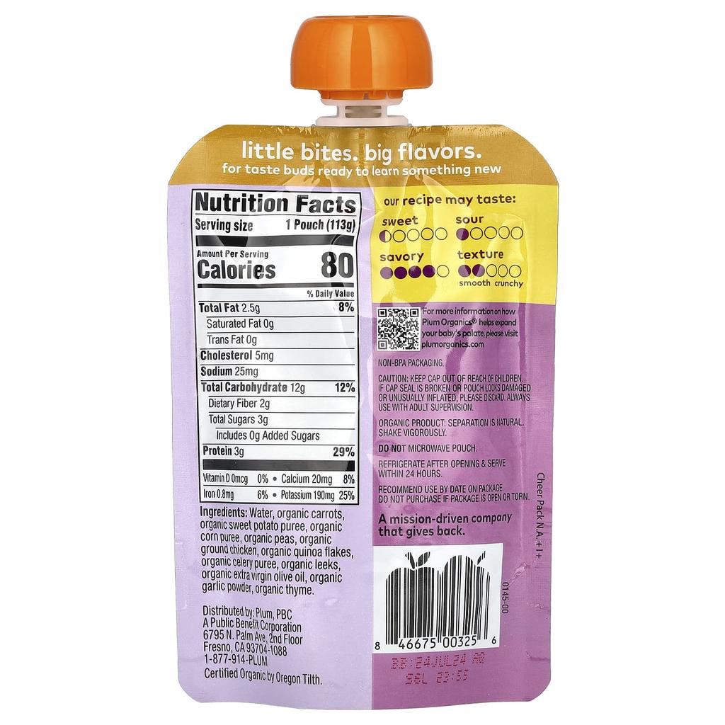 Plum Organics Organic Baby Food, Stage 3, Carrots, Sweet Potatoes, Corn, Peas & Chicken with Quinoa, Celery & Chives, 4 Oz (113 G)