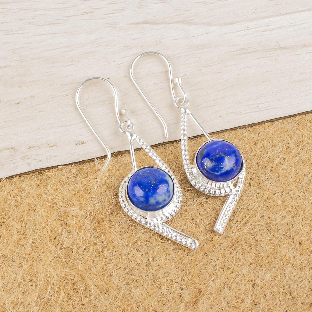 Natural Lapis Lazuli Gemstone 925 Sterling Silver Handmade Elegant Drop Earrings 2.00" For Women EE-53-35