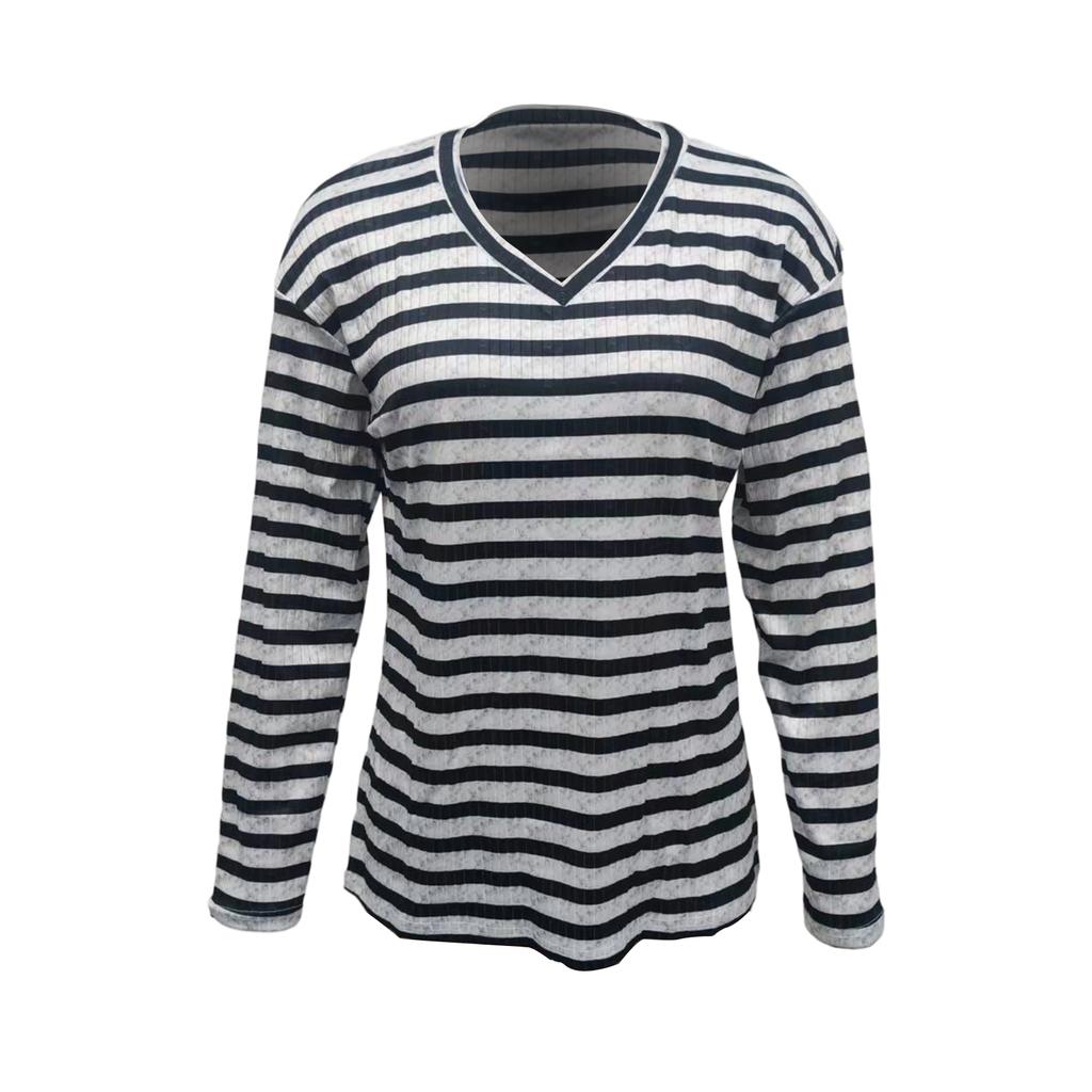 Women's Striped Color-blocked V-neck Pullover Long-sleeved Knit Top