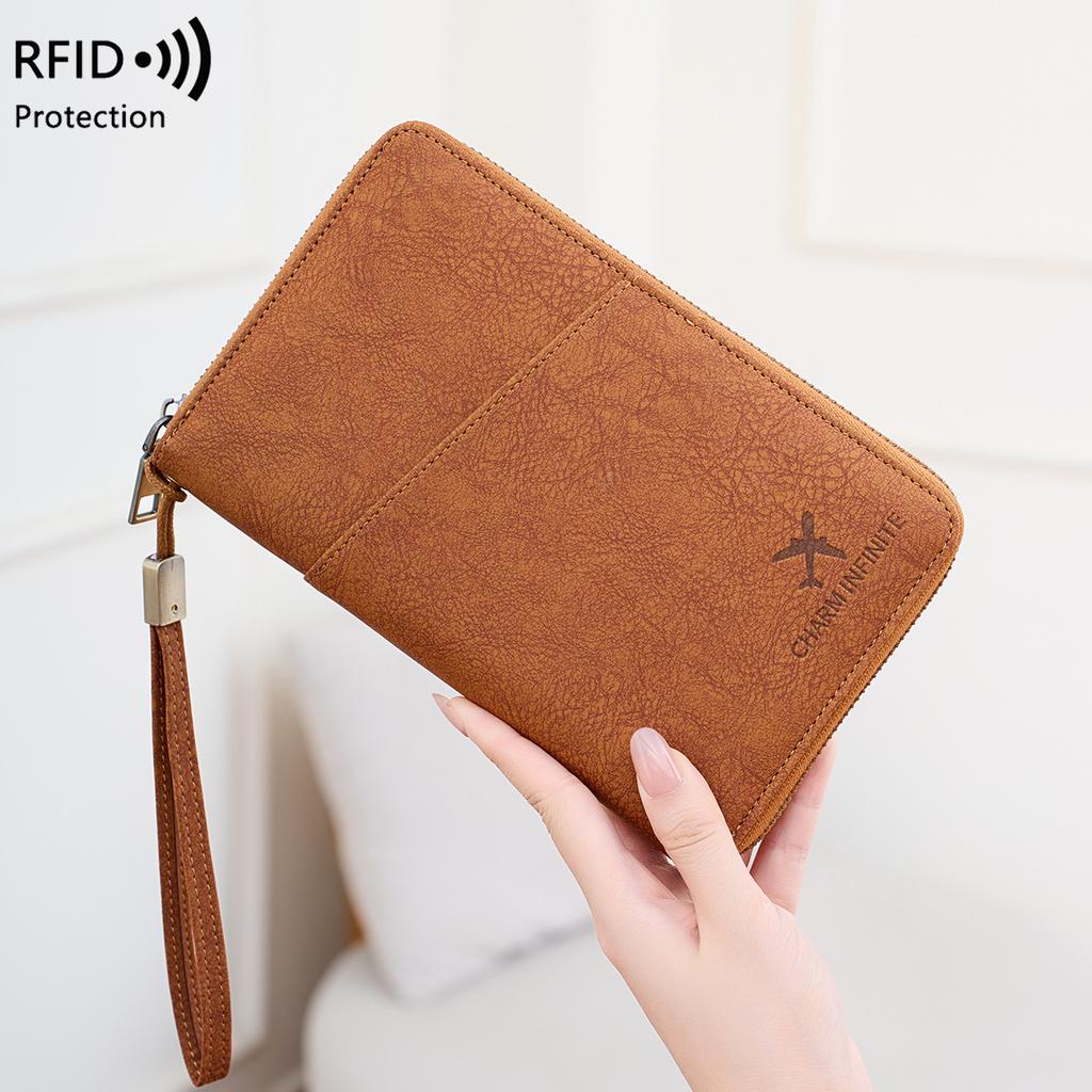 Multi-Functional RFID Blocking Passport Bag Travel Document Holder with Long Zipper Ticket Storage Wallet for Multiple Passports