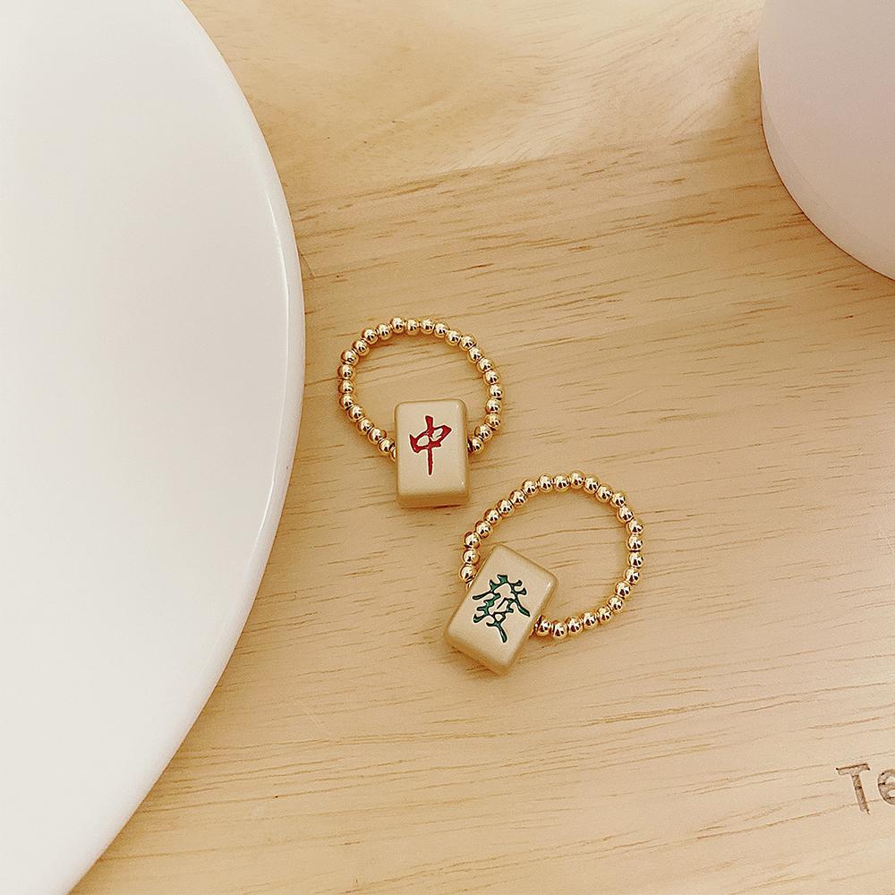 Nation Creative Lucky Transfer Beads Mahjong Rings Fashion Jewelry Chinese Character Women Ring