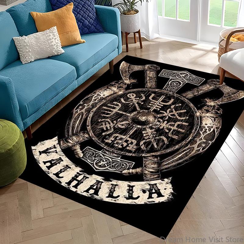 Nordisches Wikingerkrieger Symbol Walhalla Valknut Rune Motto Teppich für Schlafzimmer Wohnzimmer Sofa Zuhause Fußmatte Dekor, Rutschfeste Bodenmatte