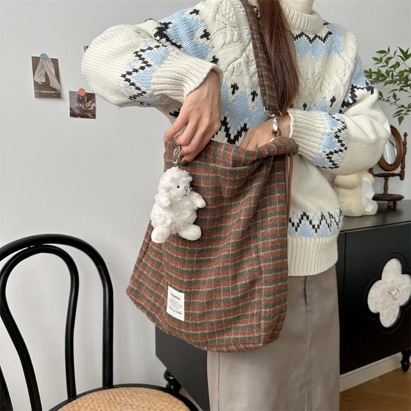 11 College woolen plaid drawstring backpack messenger bag large capacity shopping shoulder bag women
