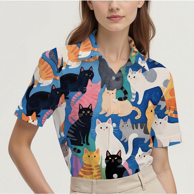 Short-sleeved Summer Shirt for Women with Cat Pattern Design, Breathable and Suitable for Everyday Wear, Fashionable and Casual
