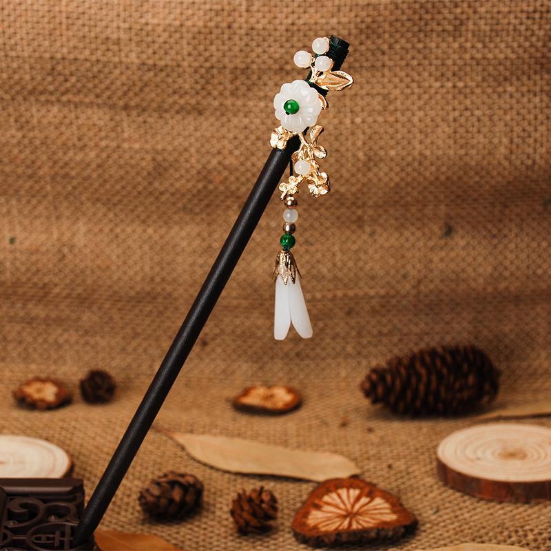 Dřevěná vlásenka se střapci ve starověkém stylu pro Hanfu – imitace ebenového dřeva, stupňovitý design, doplněk dámského kostýmu