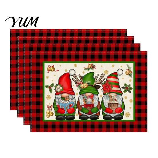 Holiday Party Supplies 4Pcs Christmas Linen Placemat Set, Cartoon Snowman Gingerbread Gnome Table Heat Insulation Pads Mat, Resistant Place