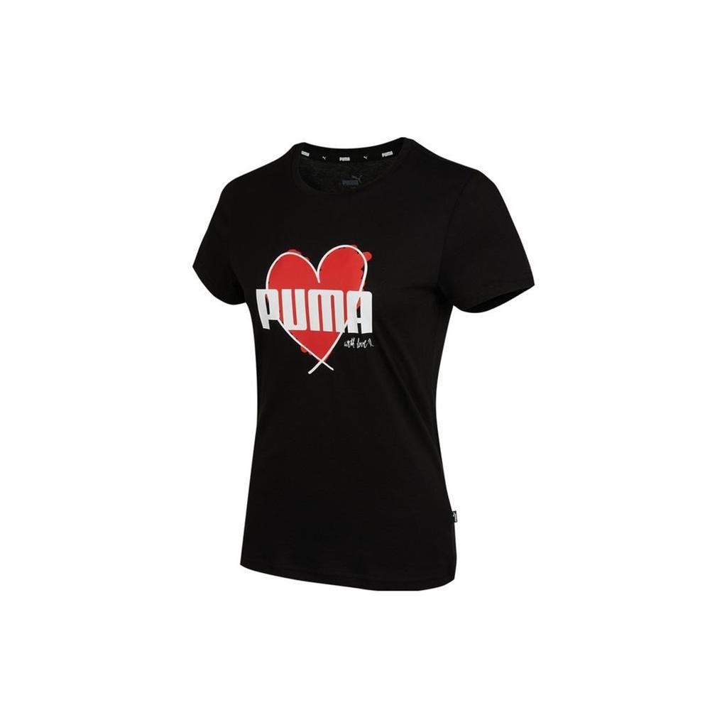 Puma Heart Print Logo Vintage American Style Crew Neck Short Sleeve T-Shirt Women Tops Black 845596-01