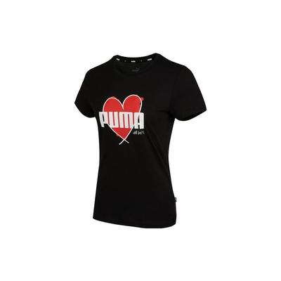 Puma Logo mit Herzprint Vintage Amerikanischer Stil Rundhals Kurzarm T-Shirt Damen Tops Schwarz 845596-01