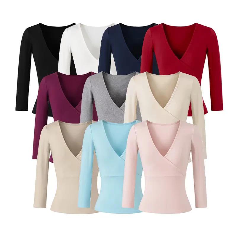 Stretchy Slim-Fit V-Neck Multi-Color Knit T-Shirt for Women (3/4 Sleeve)