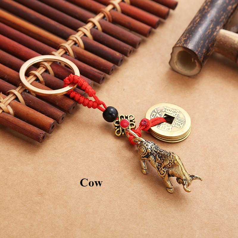 Pure Brass 12 Zodiac Keychain Pendant Five Emperors Money Lucky Key Ring Accessories Creative 3D Birth Year Women Men Bag Pendant New Year's Day Gifts