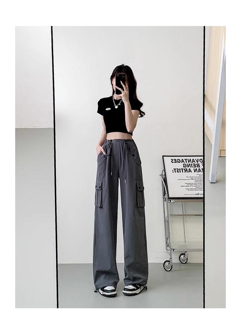 Women's Gray High Waist Cargo Pants - 2025 Spring/Summer, Lightweight, Wide-Leg, Casual American Style