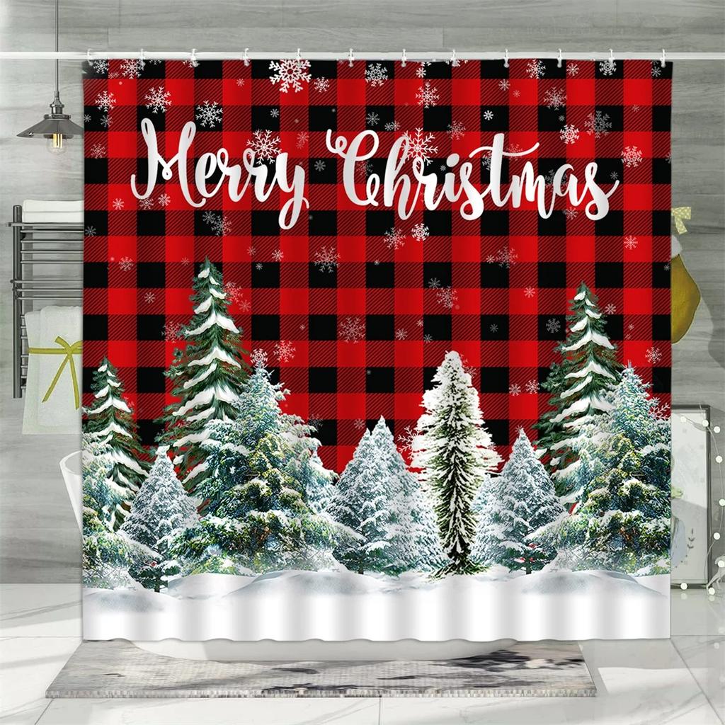Christmas Shower Curtain, Winter Snowman Santa Claus Gnome Farm Farmhouse Cartoon Truck Christmas Tree Snowflake Bathroom Decor
