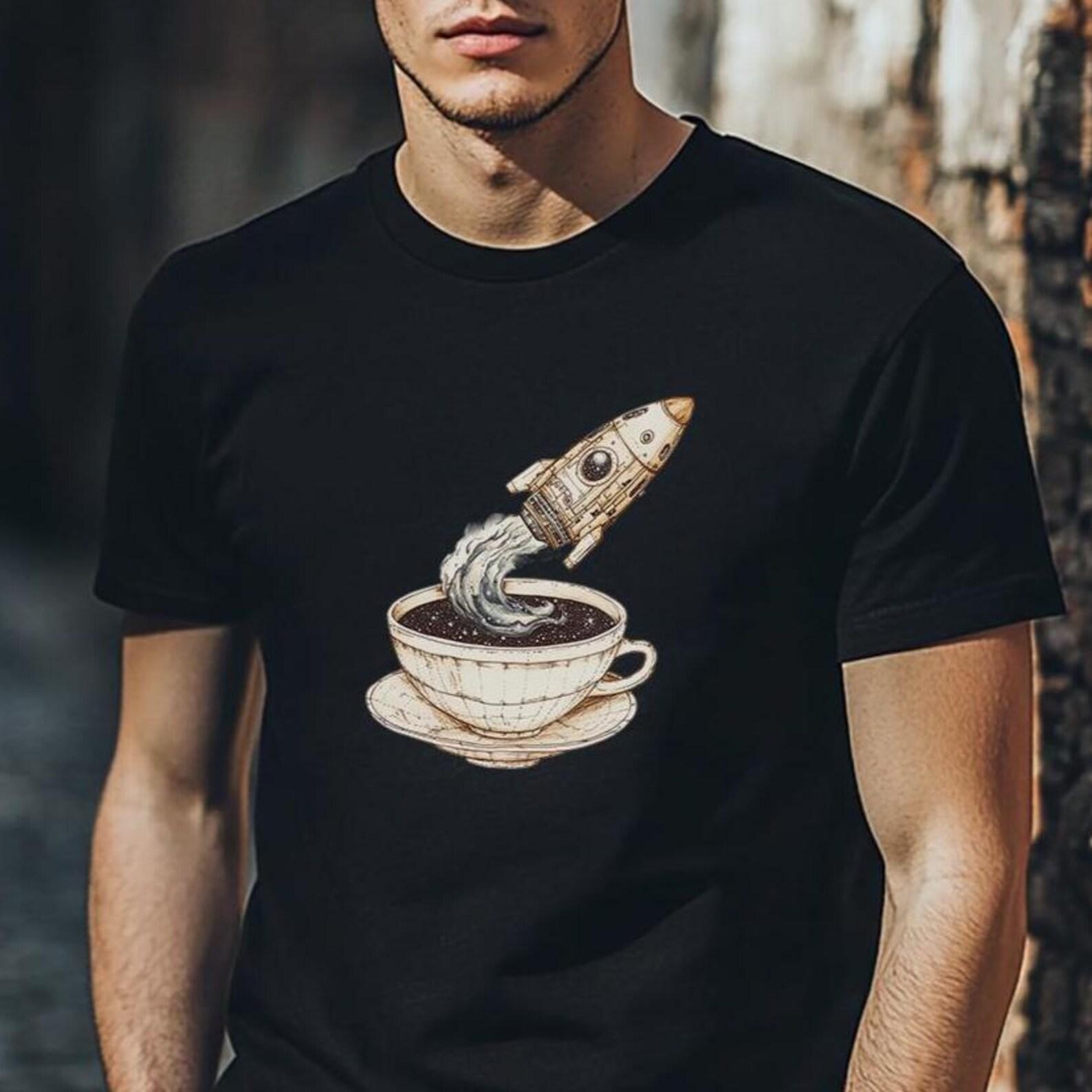 Coffee Rocket T-Shirt, Coffee Lover Shirt with Space Design, Gift for Coffee Fans, Funny Breakfast Shirt, Retro Barista T-Shirt Men 4XL