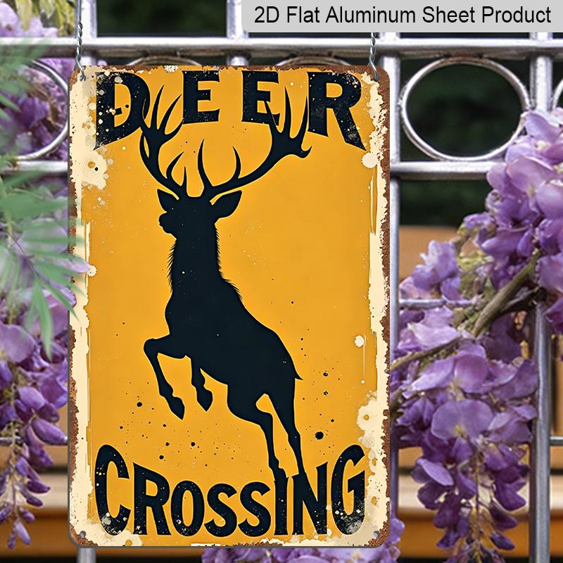 2D Flat, 1pc Vintage Deer Crossing Warning Sign Wall Art - Aluminum Metal Plaque with Rustic Yellow & Black Design, 8x12 Inch Indoor/Outdoor