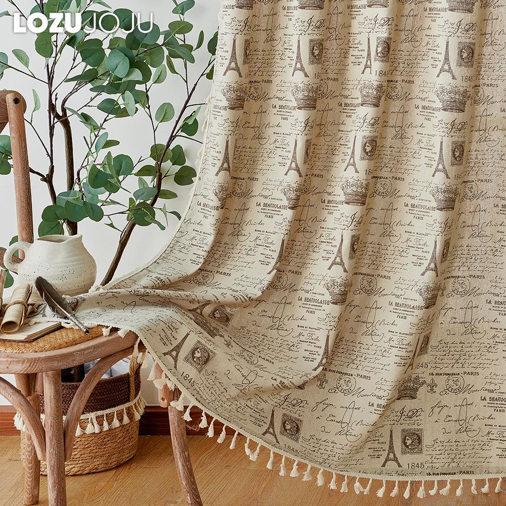 1PC LOZUJOJU Ins Style Vintage Eiffel Tower Printed Durable Tassel Edge Semi Blackout Curtains for Windows Balcony Bedroom Living Room Home Decor