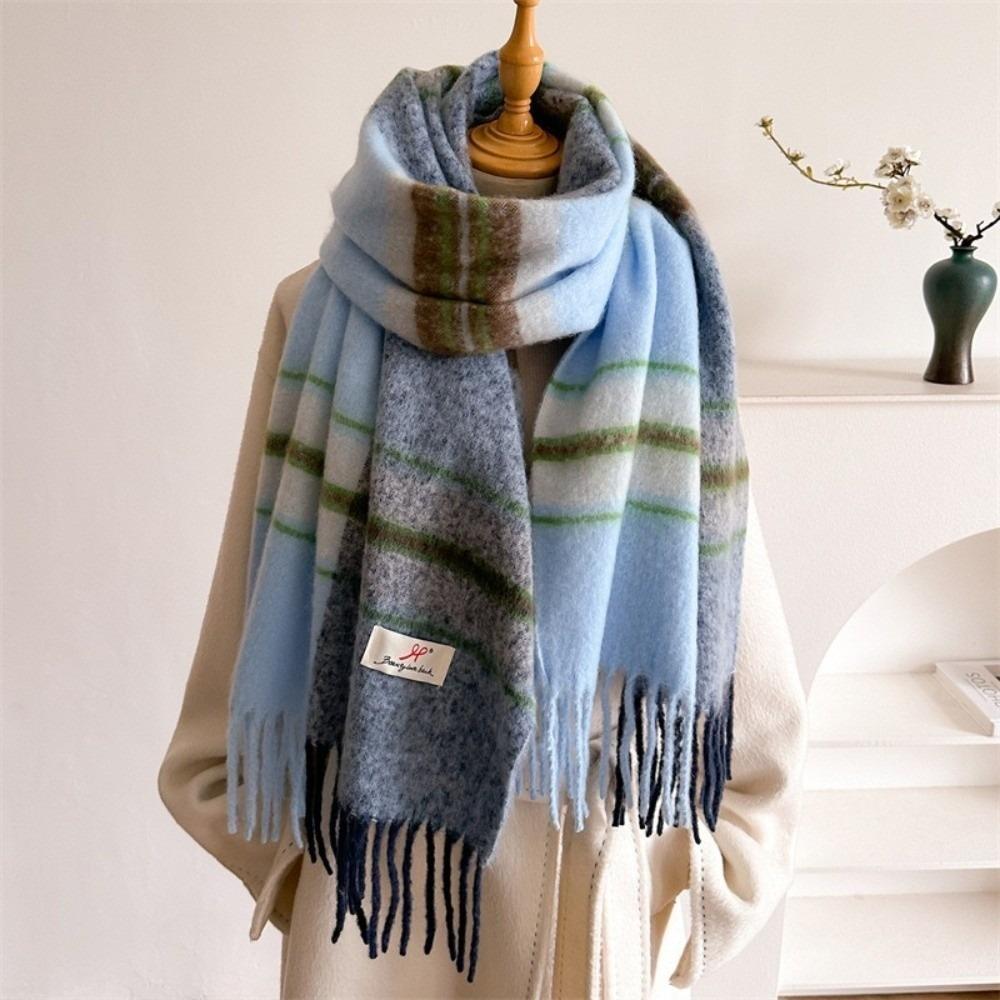 Classic Tassels Warm Stripe Shawl Thickened Blanket Scarf Cozy Wrap Scarf  Autumn Winter