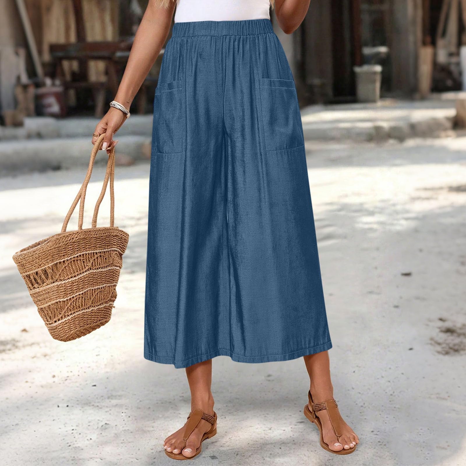 

Women s Fashionable Color Elastic Waisted Loose Casual Pants With Pockets And Seven Inch Wide Leg Pants M