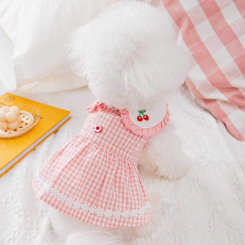 Spring Summer Doll Collar Cherry Embroidery Puppy Dog Dress Princess Wind Cat Skirt Pet Two-legged Dog Dress