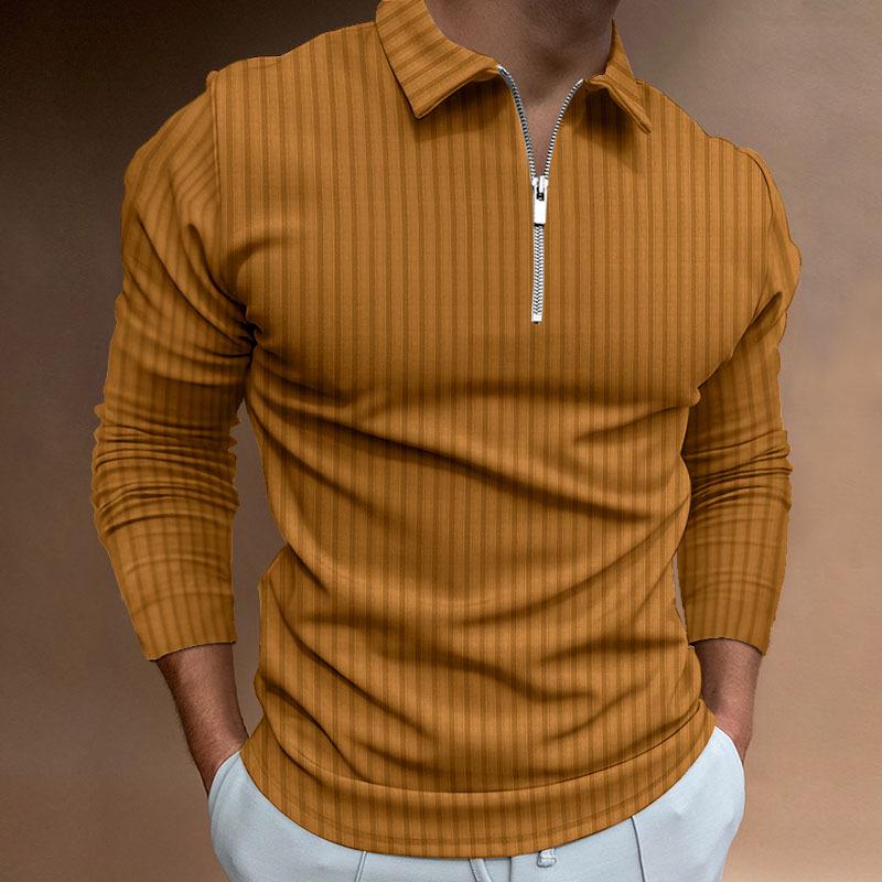 2022 European & American Autumn/Winter Men's Striped Long Sleeve Zip Polo Shirt