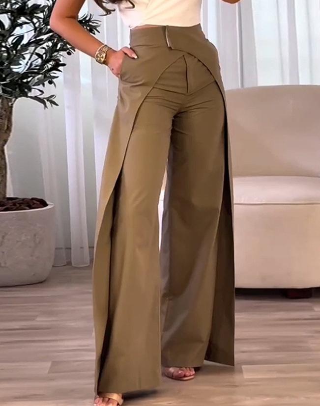 

Women s Khaki Wide Leg Pants with Side Draped Detail S