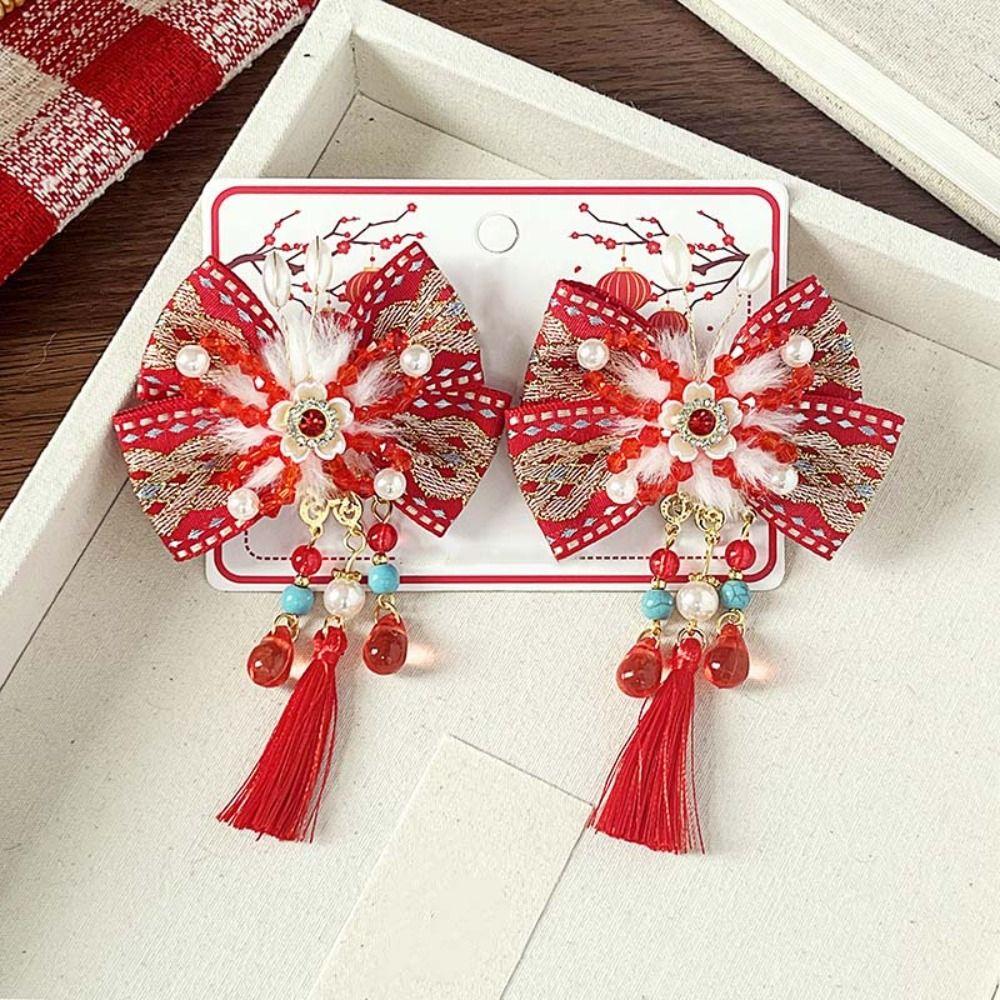 2pcs Bow New Year Tassel Barrettes Lion Embroidered Bow Headwear Hanfu Hair Accessories  Kids