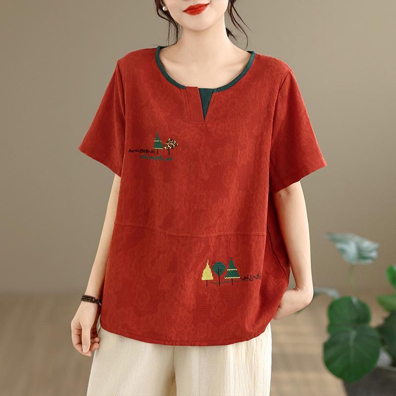 

Summer 2026 Embroidered Two-Piece Set: Loose Short Sleeve T-Shirt & Elastic Waist Wide-Leg Pants 3XL
