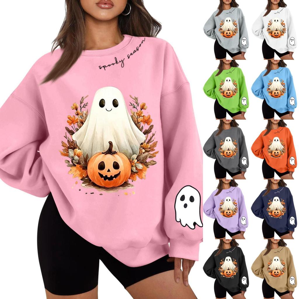 Unisex Halloween Print Long Sleeve Neck Pullover Sweatshirt, Lightweight Casual Top for Men and Women