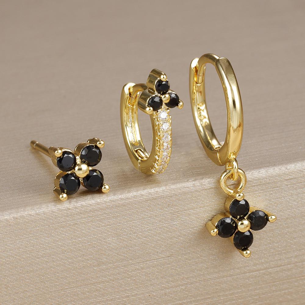 3PCS Fashion Gold Plated Chain Zircon Hanging Earrings Set for Women Stainless Steel Punk Flower Dangle Earring Piercing Jewelry