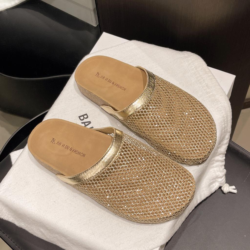 Thick Bottom Hollow Fishing Net Birkenstocks Slippers Women's 2025 Summer New Cork Flat Bottom Comfortable Bag Head Half Slippers