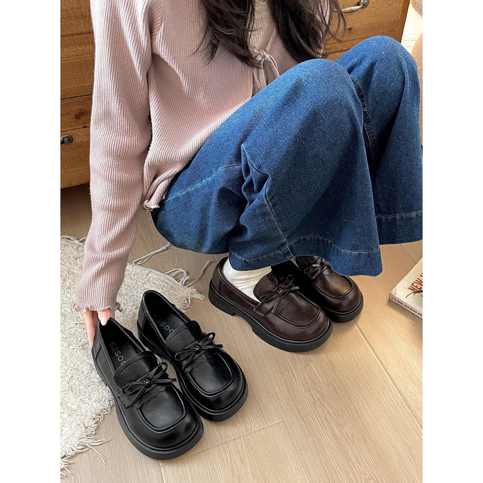 Wang Fan brown British style platform jk small leather shoes spring and autumn versatile small loafers 35 чёрный