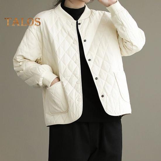 Damenjacke Stehkragen Langarm Rautenstruktur Einreihig Elastische Bündchen Einfarbig Taschen Sport Lady Coat